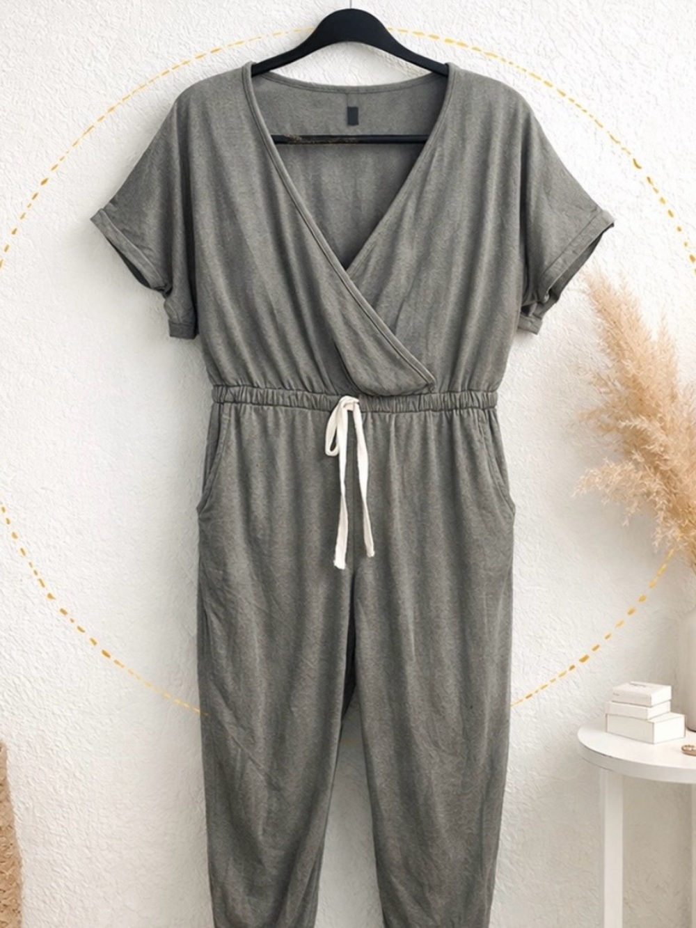 Womens Green Grey Short Sleeve V Neck Wrap Jumpsuit with Drawstring Size Small